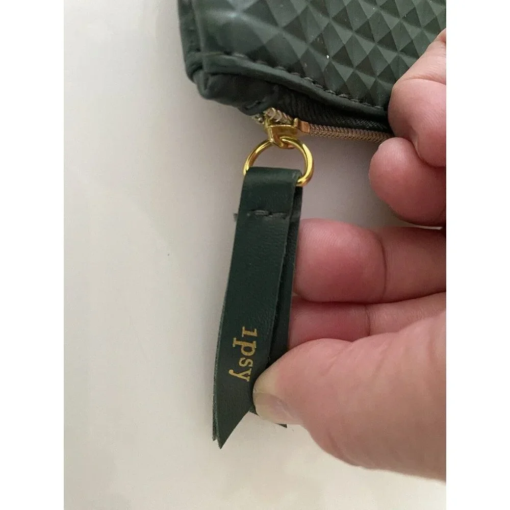Vintage Ipsy Glam Cosmetics Makeup Bag Dark‎ Green Bag Textured Zippered GUC